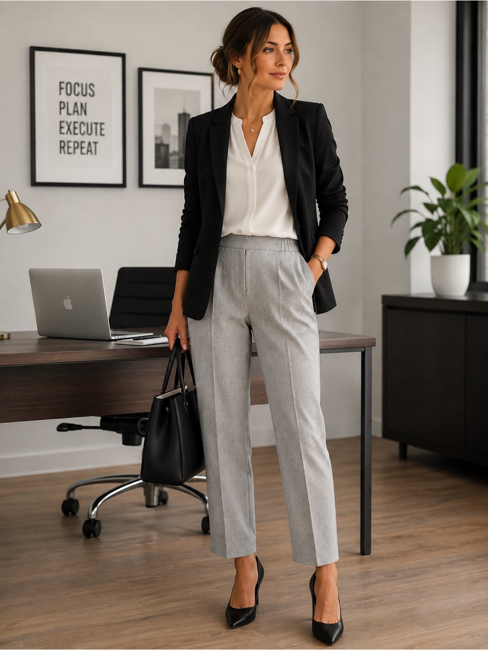 Calvin Klein Gray Herringbone Pull-On Dress Pants Size 8 | Workwear